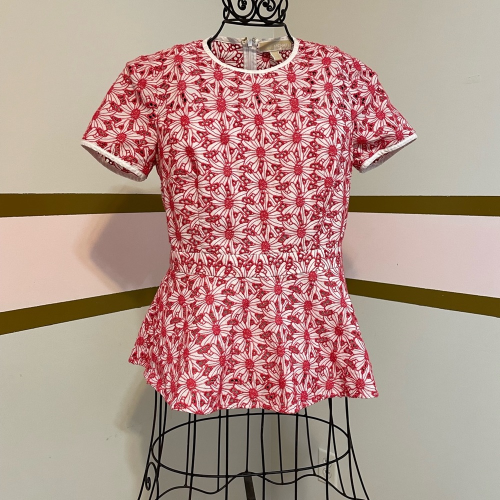 MICHAEL Michael Kors Red and White Floral Peplum Short-Sleeve Top